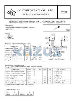 DY227 datasheet - TECHNICAL SPECIFICATIONS OF NPN EPITAXIAL PLANAR TRANSISTOR