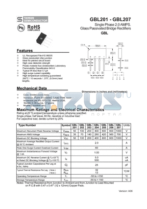 GBL204 datasheet - Single Phase 2.0 AMPS. Glass Passivated Bridge Rectifiers