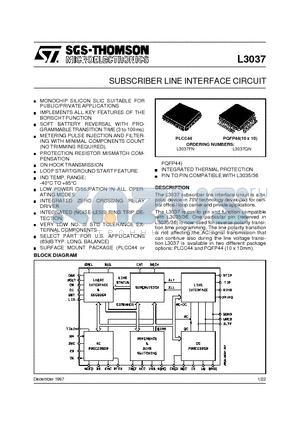 L3037QN datasheet - SUBSCRIBER LINE INTERFACE CIRCUIT