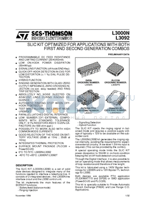 L3092N datasheet - SLIC KIT OPTIMIZED FOR APPLICATIONS WITH BOTH FIRST AND SECOND GENERATION COMBOS