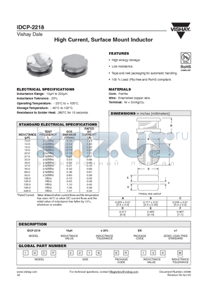 IDCP-2218 datasheet - High Current, Surface Mount Inductor