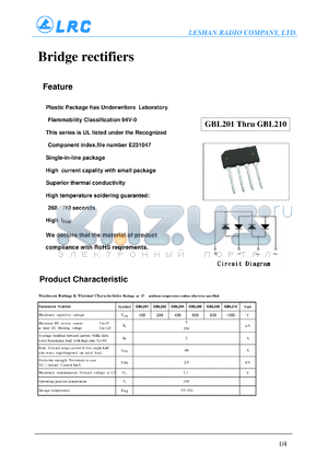 GBL208 datasheet - Plastic Package has Underwriters Laboratory Flammability Classification 94V-0