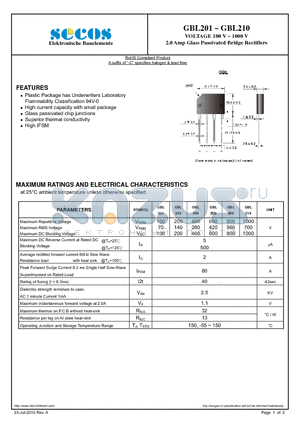 GBL208 datasheet - 2.0 Amp Glass Passivated Bridge Rectifiers