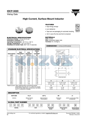 IDCP-3020ER1000M datasheet - High Current, Surface Mount Inductor