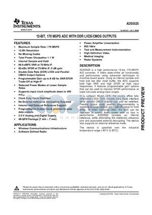 ADS5525IRGZR datasheet - 12-BIT, 170 MSPS ADC WITH DDR LVDS/CMOS OUTPUTS