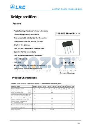 GBL4005 datasheet - Plastic Package has Underwriters Laboratory Flammability Classification 94V-0