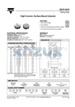 IDCP2218ER100M datasheet - High Current, Surface Mount Inductor