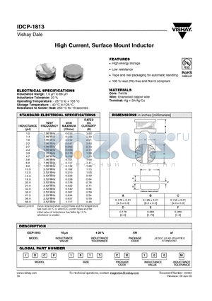 IDCP1813ER100M datasheet - High Current, Surface Mount Inductor