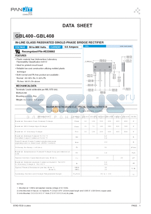 GBL404 datasheet - IN-LINE GLASS PASSIVATED SINGLE-PHASE BRIDGE RECTIFIER
