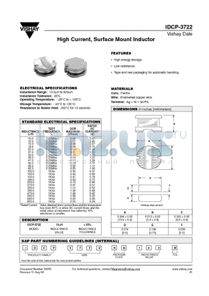 IDCP3722NB100M datasheet - High Current, Surface Mount Inductor