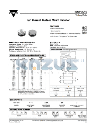IDCP3916ER100M datasheet - High Current, Surface Mount Inductor
