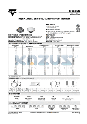 IDCS-2512_06 datasheet - High Current, Shielded, Surface Mount Inductor