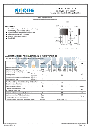 GBL404 datasheet - 4.0 Amp Glass Passivated Bridge Rectifiers
