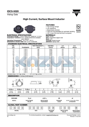 IDCS-5020 datasheet - High Current, Surface Mount Inductor