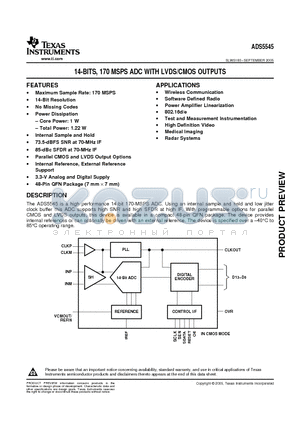 ADS5545IRGZ datasheet - 14-BITS, 170 MSPS ADC WITH LVDS/CMOS OUTPUTS