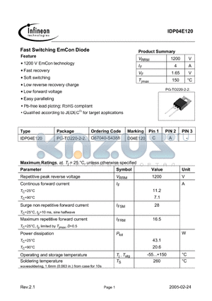 IDD04E120 datasheet - Fast Switching EmCon Diode