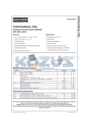 FDB035AN06A0_12 datasheet - N-Channel PowerTrench^ MOSFET 60V, 80A, 3.5mY