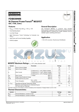 FDB039N06 datasheet - N-Channel PowerTrench^ MOSFET 60V, 174A, 3.9mW