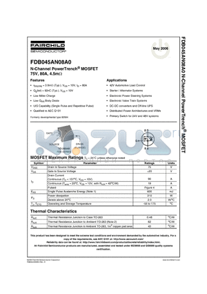 FDB045AN08A0 datasheet - N-Channel PowerTrench^ MOSFET 75V, 80A, 4.5mY