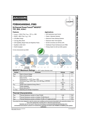 FDB045AN08A0_10 datasheet - N-Channel PowerTrench^ MOSFET 75V, 80A, 4.5m