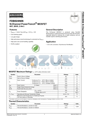 FDB024N06 datasheet - N-Channel PowerTrench^ MOSFET 60V, 265A, 2.4mY