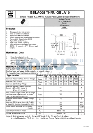 GBLA01 datasheet - Single Phase 4.0 AMPS. Glass Passivated Bridge Rectifiers