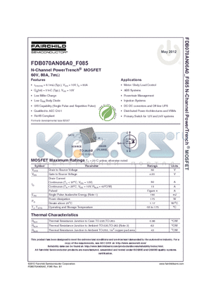 FDB070AN06_F085 datasheet - N-Channel PowerTrench^ MOSFET 60V, 80A, 7mY