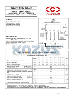 GBLA04 datasheet - SINGLE PHASE GLASS PASSIVATED BRIDGE RECTIFIER Voltage: 50 to 1000V Current:4.0A