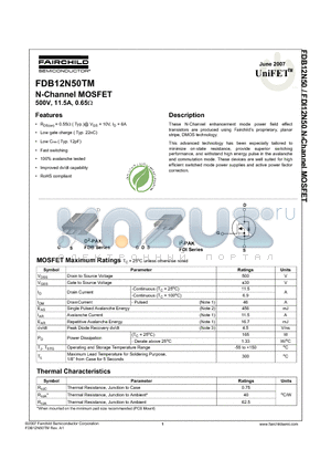 FDB12N50 datasheet - N-Channel MOSFET 500V, 11.5A, 0.65Y