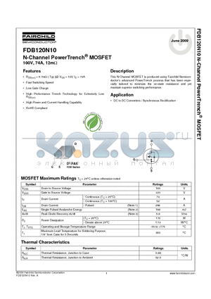 FDB120N10 datasheet - N-Channel PowerTrench^ MOSFET 100V, 74A, 12mY