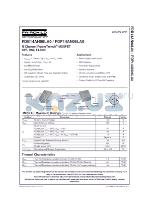 FDB14AN06LA0 datasheet - N-Channel PowerTrench MOSFET 60V, 60A, 14.6m