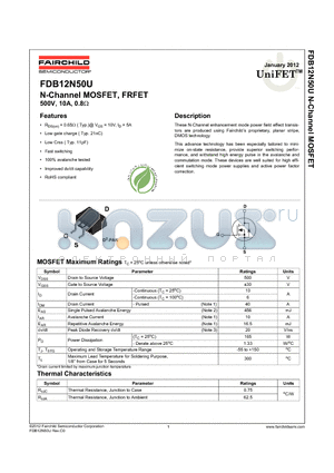 FDB12N50U_12 datasheet - N-Channel MOSFET, FRFET 500V, 10A, 0.8Y