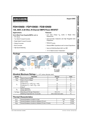 FDB15N50 datasheet - 15A, 500V, 0.38 Ohm, N-Channel SMPS Power MOSFET