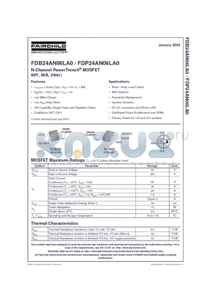 FDB24AN06LA0 datasheet - N-Channel PowerTrench MOSFET 60V, 36A, 24mohm