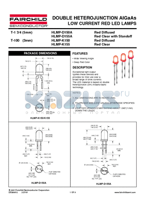 HLMP-K150 datasheet - DOUBLE HETEROJUNCTION AIGaAs LOW CURRENT RED LED LAMPS