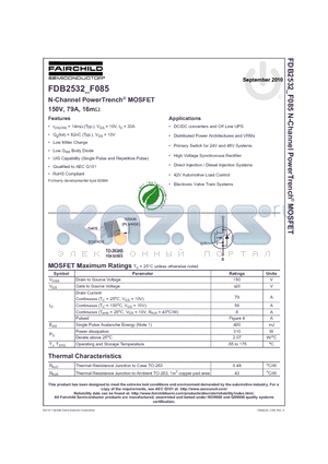 FDB2532_F085 datasheet - N-Channel PowerTrench^ MOSFET 150V, 79A, 16mY