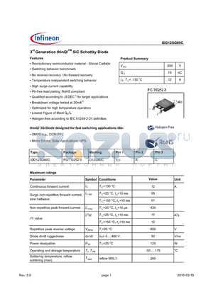 IDD12SG60C datasheet - 3rd Generation thinQ!TM SiC Schottky Diode