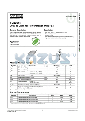 FDB2614 datasheet - 200V N-Channel PowerTrench MOSFET
