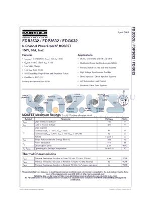 FDB3632 datasheet - N-Channel PowerTrench MOSFET 100V, 80A, 9m