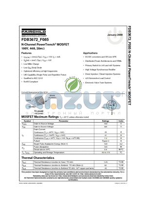 FDB3672_F085 datasheet - N-Channel PowerTrench^ MOSFET 100V, 44A, 28mY