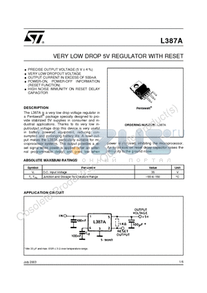 L387A datasheet - VERY LOW DROP 5V REGULATOR WITH RESET