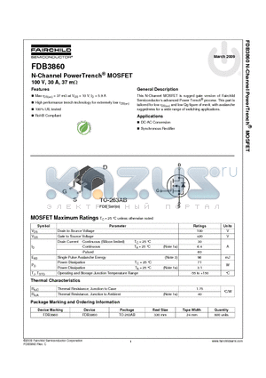 FDB3860 datasheet - N-Channel PowerTrench^ MOSFET 100 V, 30 A, 37 mY