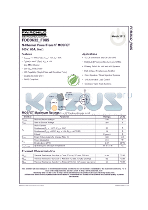 FDB3632_F085 datasheet - N-Channel PowerTrench^ MOSFET 100V, 80A, 9mY