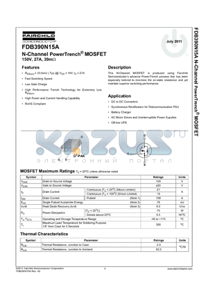 FDB390N15A datasheet - N-Channel PowerTrench^ MOSFET 150V, 27A, 39m
