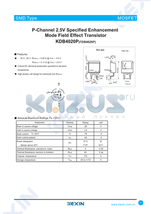 FDB4020P datasheet - P-Channel 2.5V Specified Enhancement Mode Field Effect Transistor