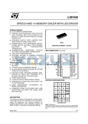 L3916AD datasheet - SPEECH AND 14 MEMORY DIALER WITH LED DRIVER