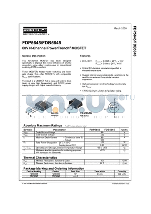 FDB5645 datasheet - 60V N-Channel PowerTrench MOSFET