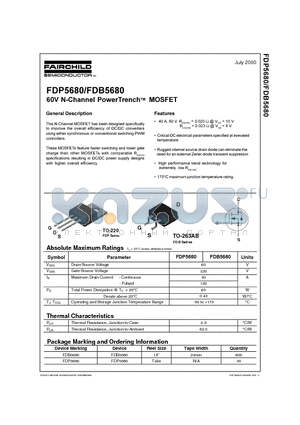 FDB5686 datasheet - 60V N-Channel PowerTrench MOSFET