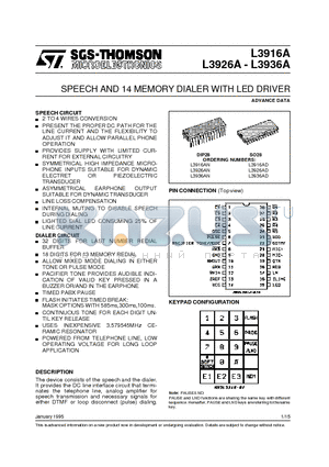L3926AN datasheet - SPEECH AND 14 MEMORY DIALER WITH LED DRIVER