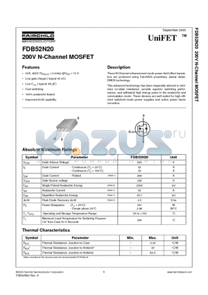 FDB52N20 datasheet - 200V N-Channel MOSFET